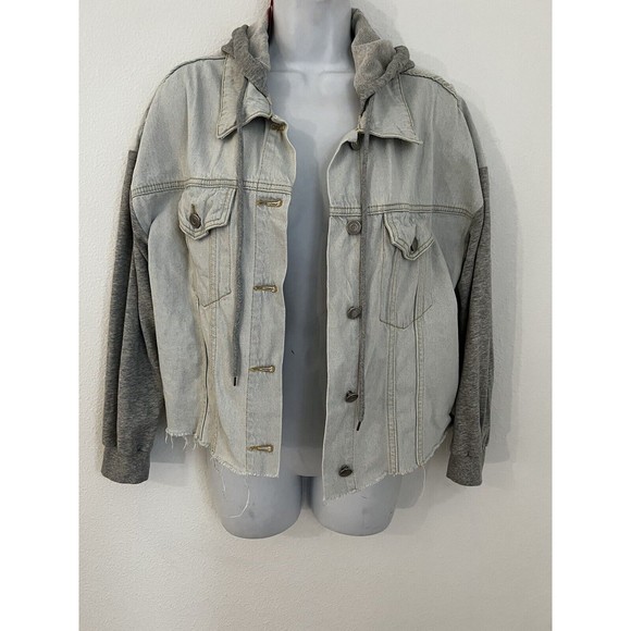 Vici Women's Blue Denim Jean Jacket Button Size S Oversize Hoodie Mixed Media - Picture 1 of 6